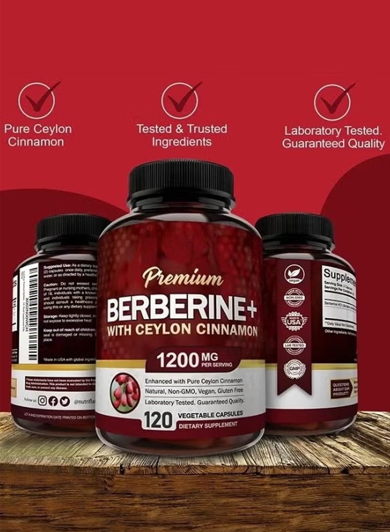 بريميم كبسولات بيربيرين هيدروكلوريد عالية الجودة ١٢٠٠ ملجم - ١٢٠ كبسولة مع خلاصة قرفة سيلان النقية مكملات جذور بيربيرين هيدروكلوريد المعززة للمناعة بنسبة ٨٪ مثالية - Image 3